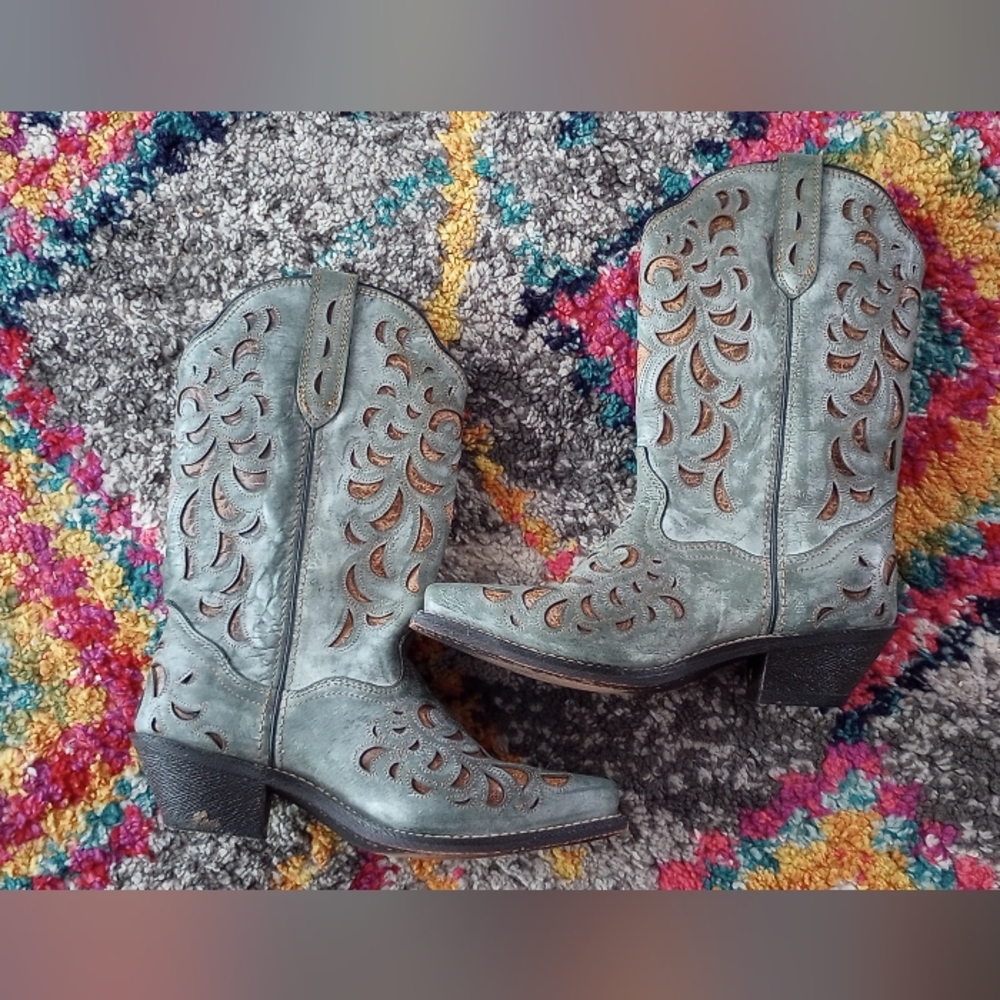 Women's Teal Cutout Heeled Western Boots